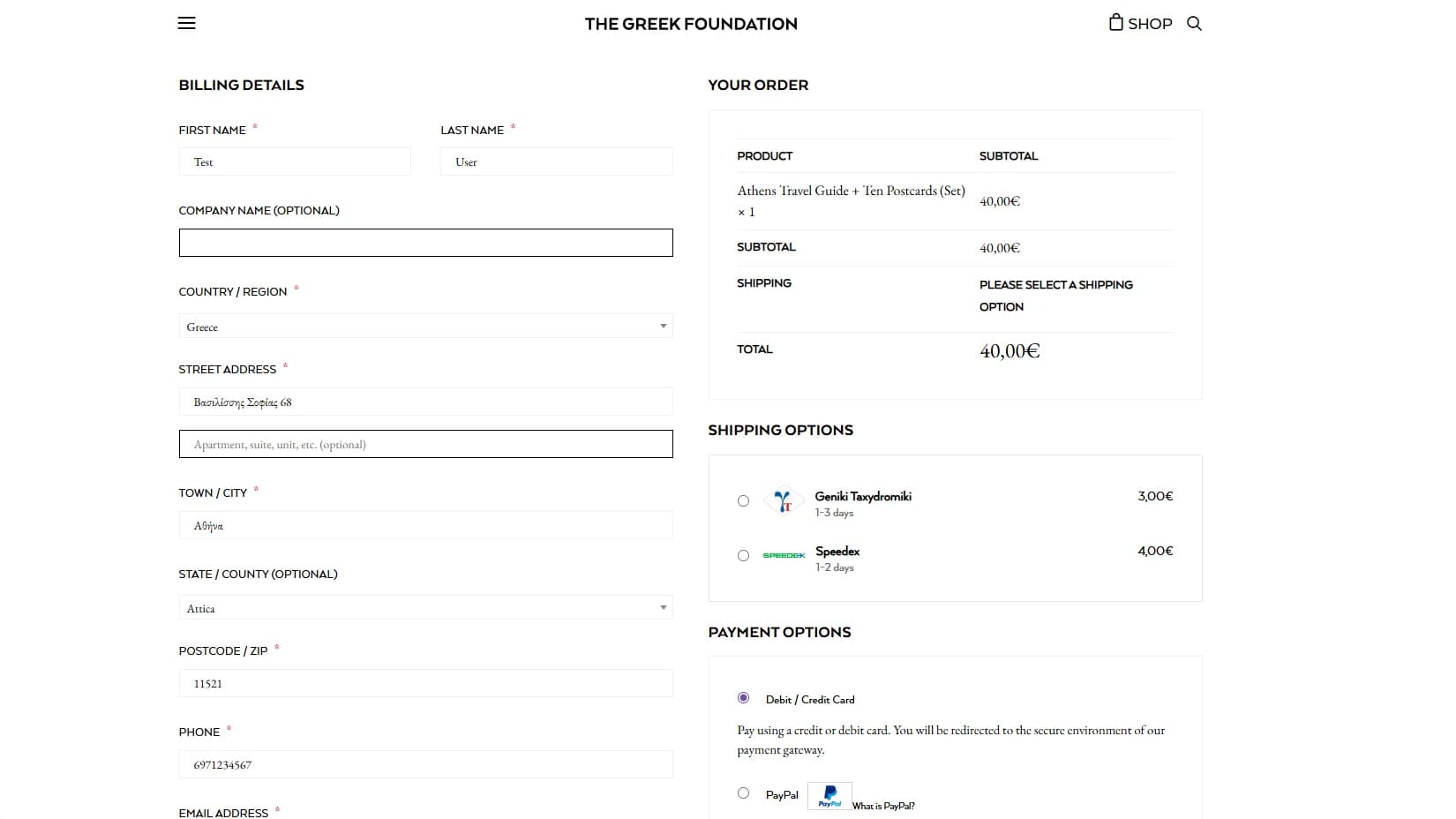 The Greek Foundation checkout page with Pircel's rate solution displaying shipping options